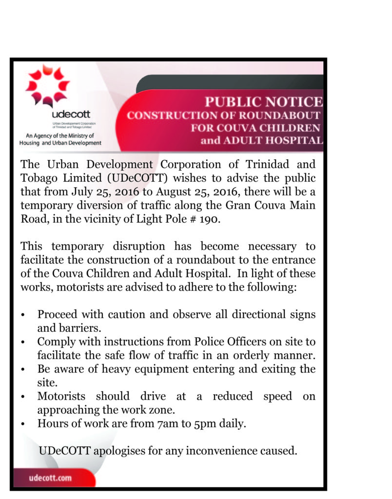 Public Notice - Construction of Roundabout for Couva Children and Adult Hospital